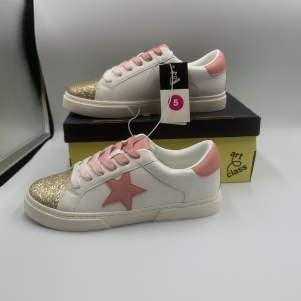 Art Class Girl Sz 5 Kaitlyn Court Sneakers Pink Stars Gold Sparkles White Shoe